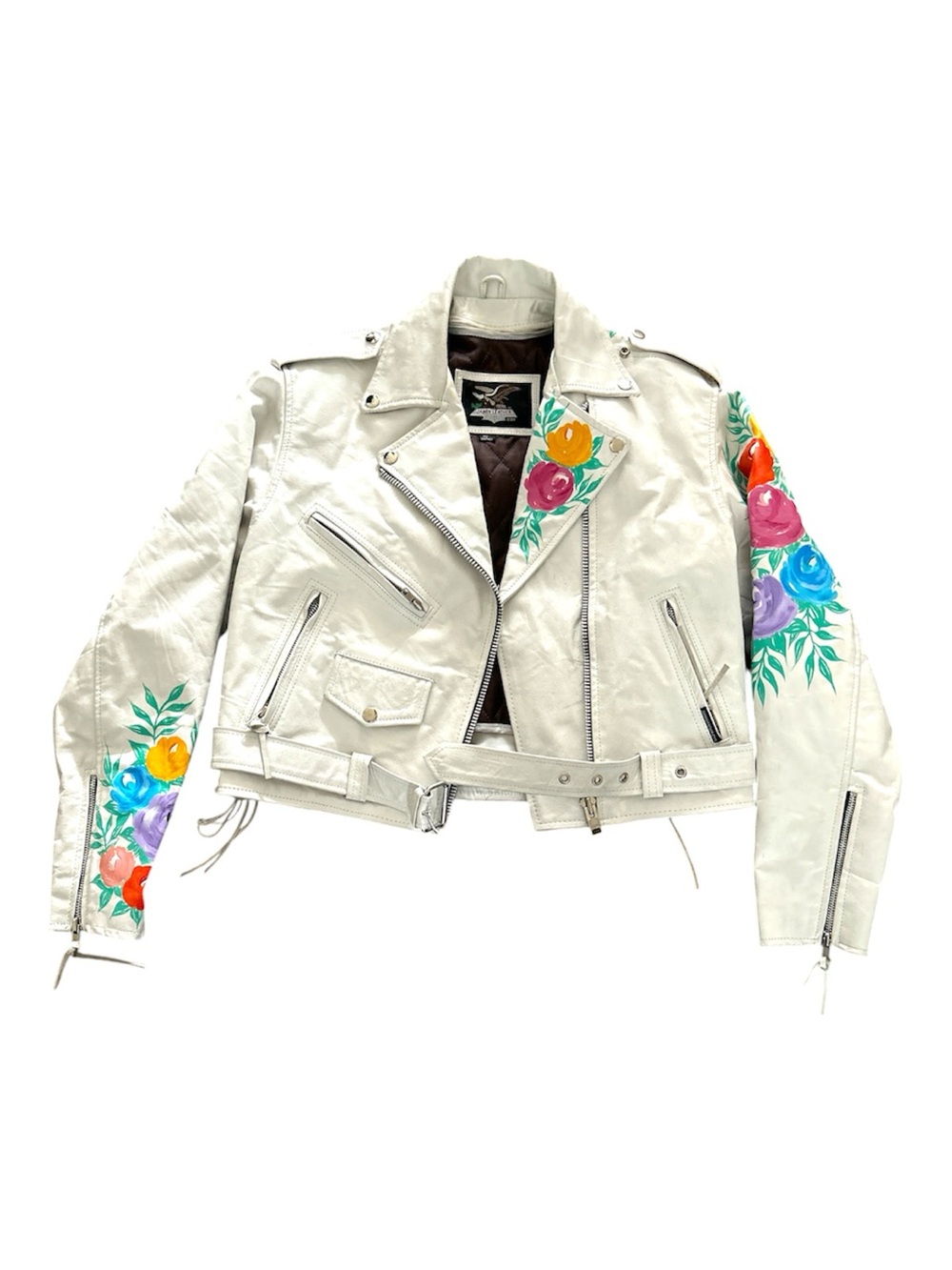 Custom Hand-Painted White Leather Moto Jacket – Floral Botanical Biker Jacket M